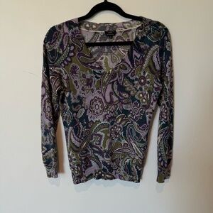 Talbots Purple Paisley Merino Wool V Neck Sweater Womens Size Medium Office